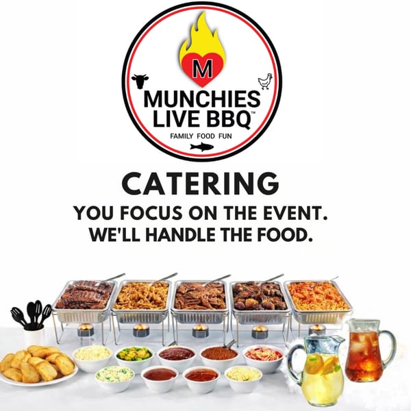 Munchies Live BBQ catering spread with chafing dishes of meats, sides, and drinks.