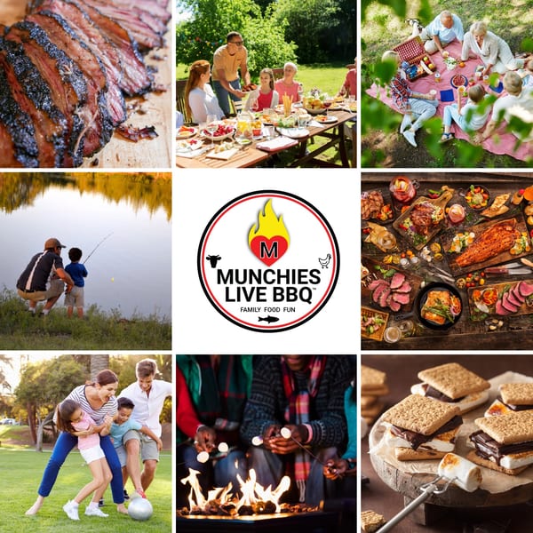 A collage of nine images showing various family activities and BBQ food, including the Munchies Live BBQ logo.