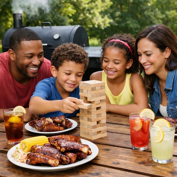 A family of four playing Jenga at a picnic table with plates of BBQ ribs and drinks.